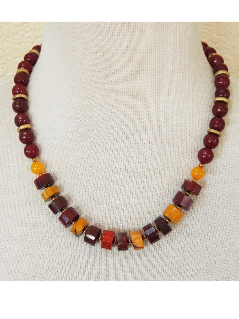Elegant Burgundy Red & Mustard Yellow Mookaite & JadE Statement Necklace